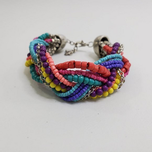 Rainbow Beaded Bracelet‎ Braid Weave Silver Tone Ch